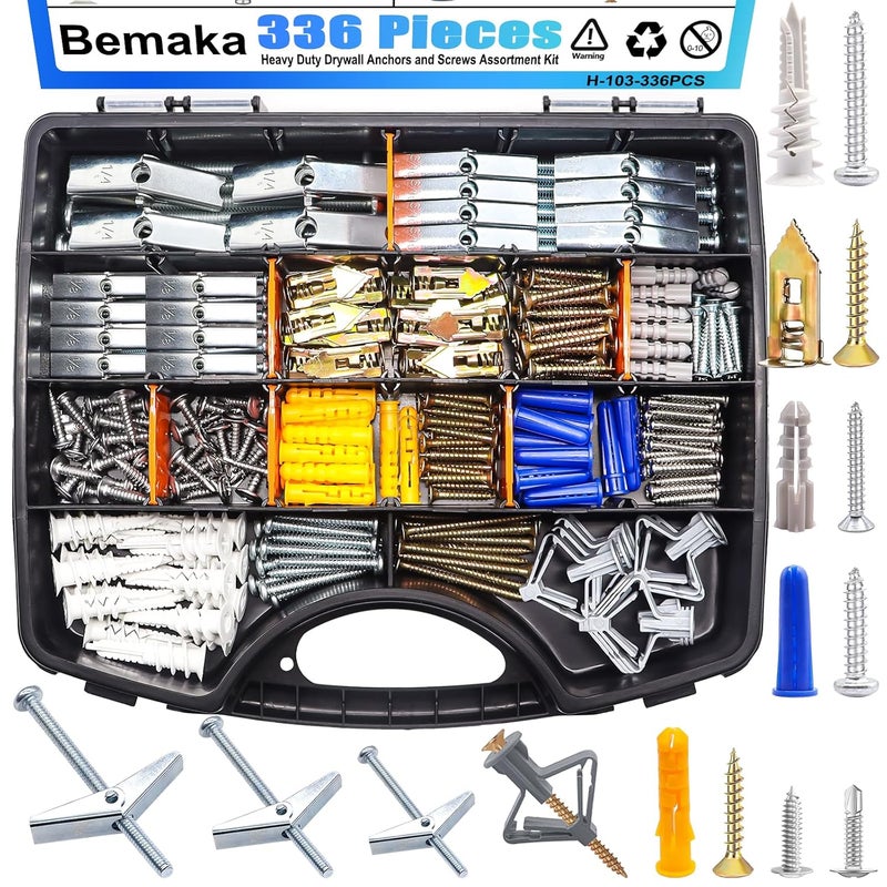 Bemaka 336Pcs Toggle Bolts Heavy Duty Drywall Anchors and Screws Assortment Kit, 11 Sizes Metal & Plastic Wall Anchors Kit with Screw, Wall Hanging Kit for Art Decor Shelves Picture Mirror Curtain - Image 1